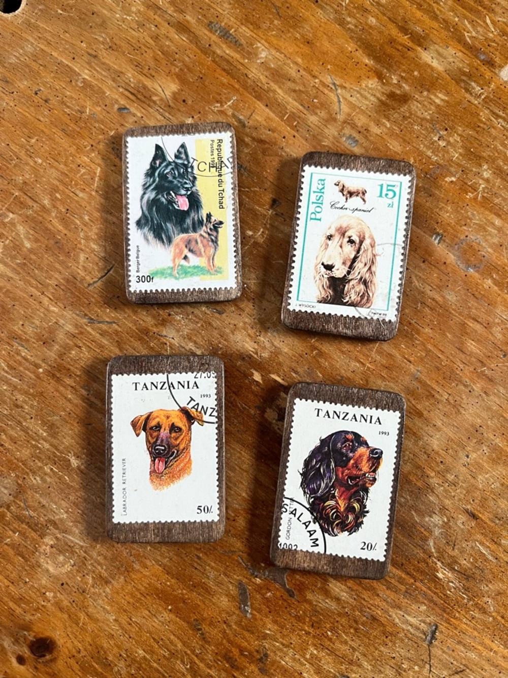 Handmade Vintage Postage Stamp Magnets On Wood • DOGS you pick one
